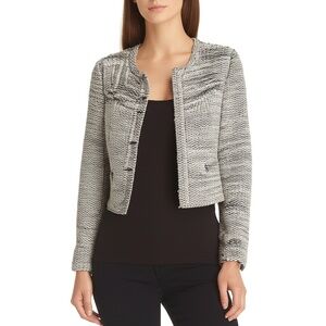 NWT IRO Womens Textured Knit Jacket Size 34 Black White Open Front Parisian